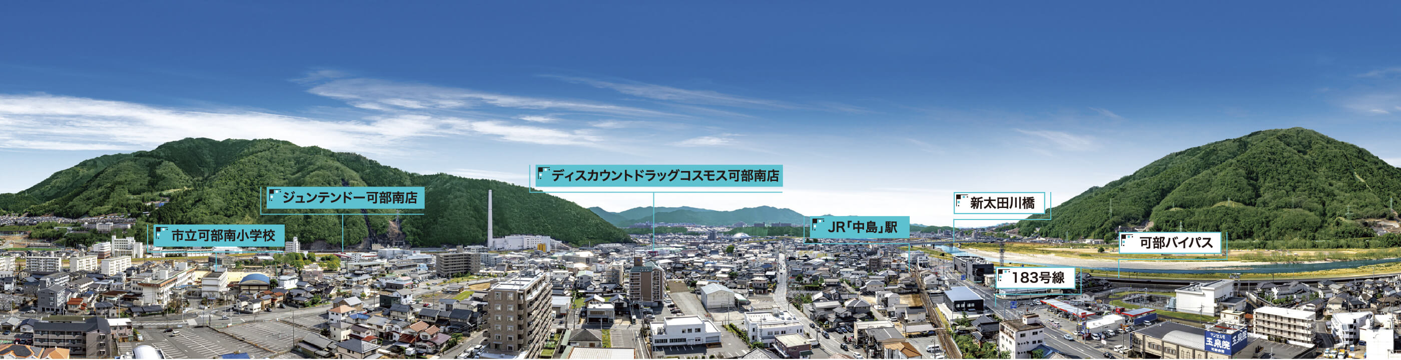 市立可部南小学校・ジュンテンドー可部南店・ディスカウントドラッグコスモス可部南店・JR「中島」駅・新太田川橋・183号線・可部バイパス