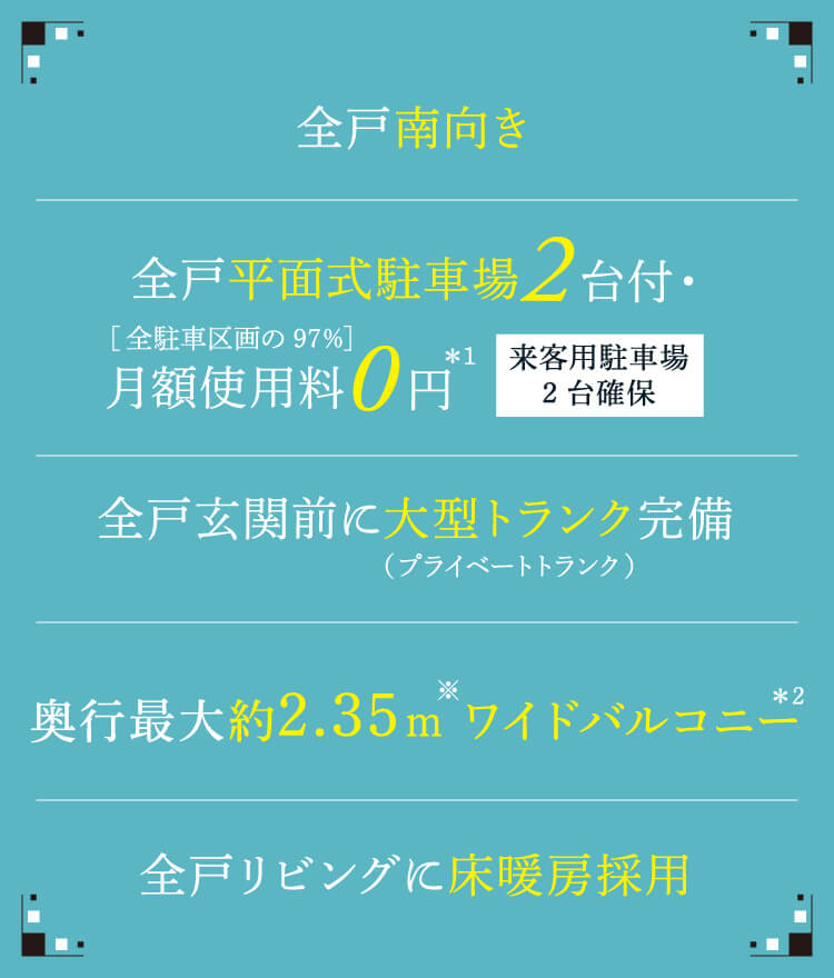 全戸平面式駐車場2台付・月額使用料0円 全戸リビングに床暖房採用 全戸南向き 全戸玄関前に大型トランク完備 奥行最大約2.35mワイドバルコニー